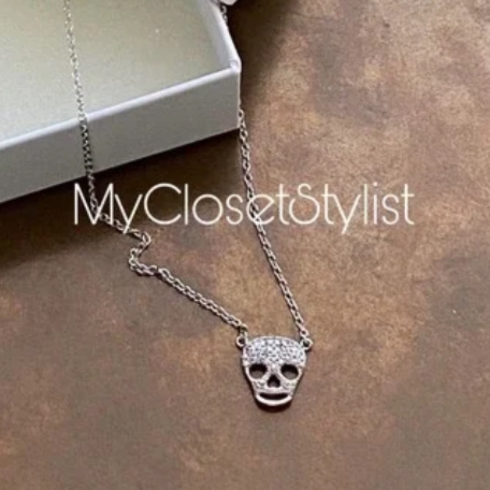 NIB Swarovski Crystals Skull Studded 925 Necklace! Sterling Silver RARE New